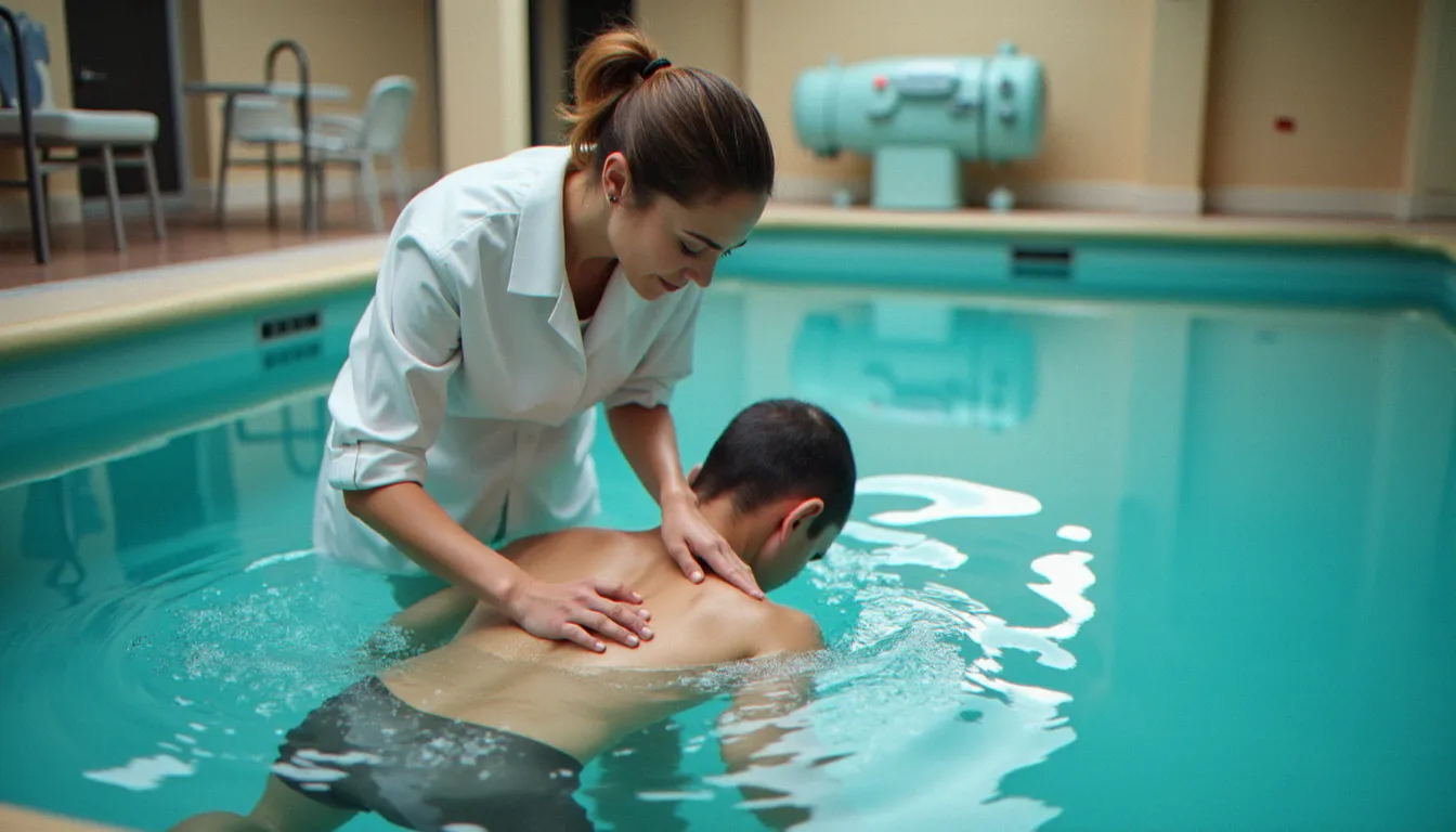 Soin de douche filiforme sous l'eau réalisé par un soignant thermal en piscine de balnéothérapie, représentant les bienfaits du bien-être thermal