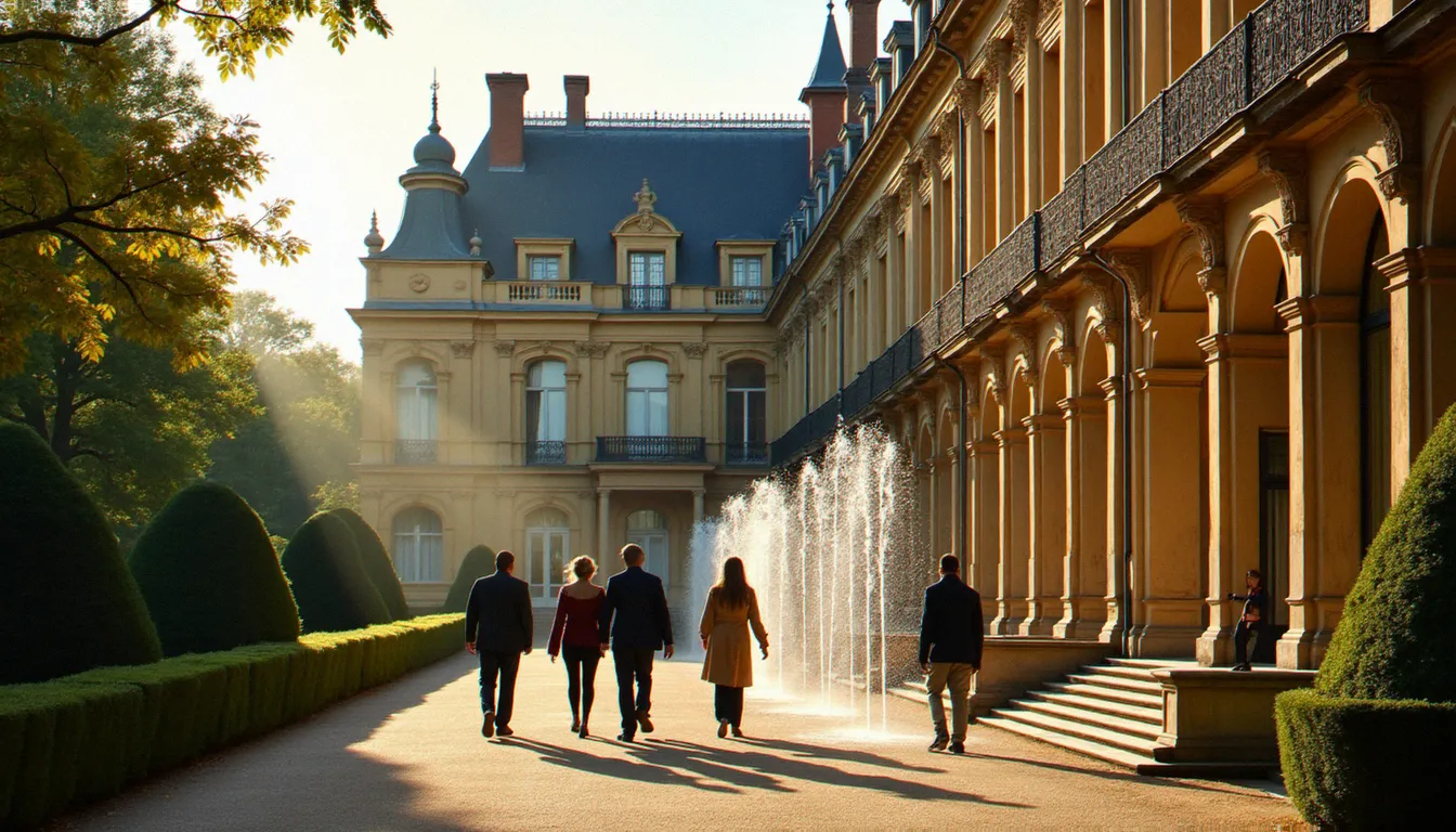 Architecture thermale de style Belle Époque des thermes de Vichy avec jardins et visiteurs, symbole de la tradition du bien-être thermal français
