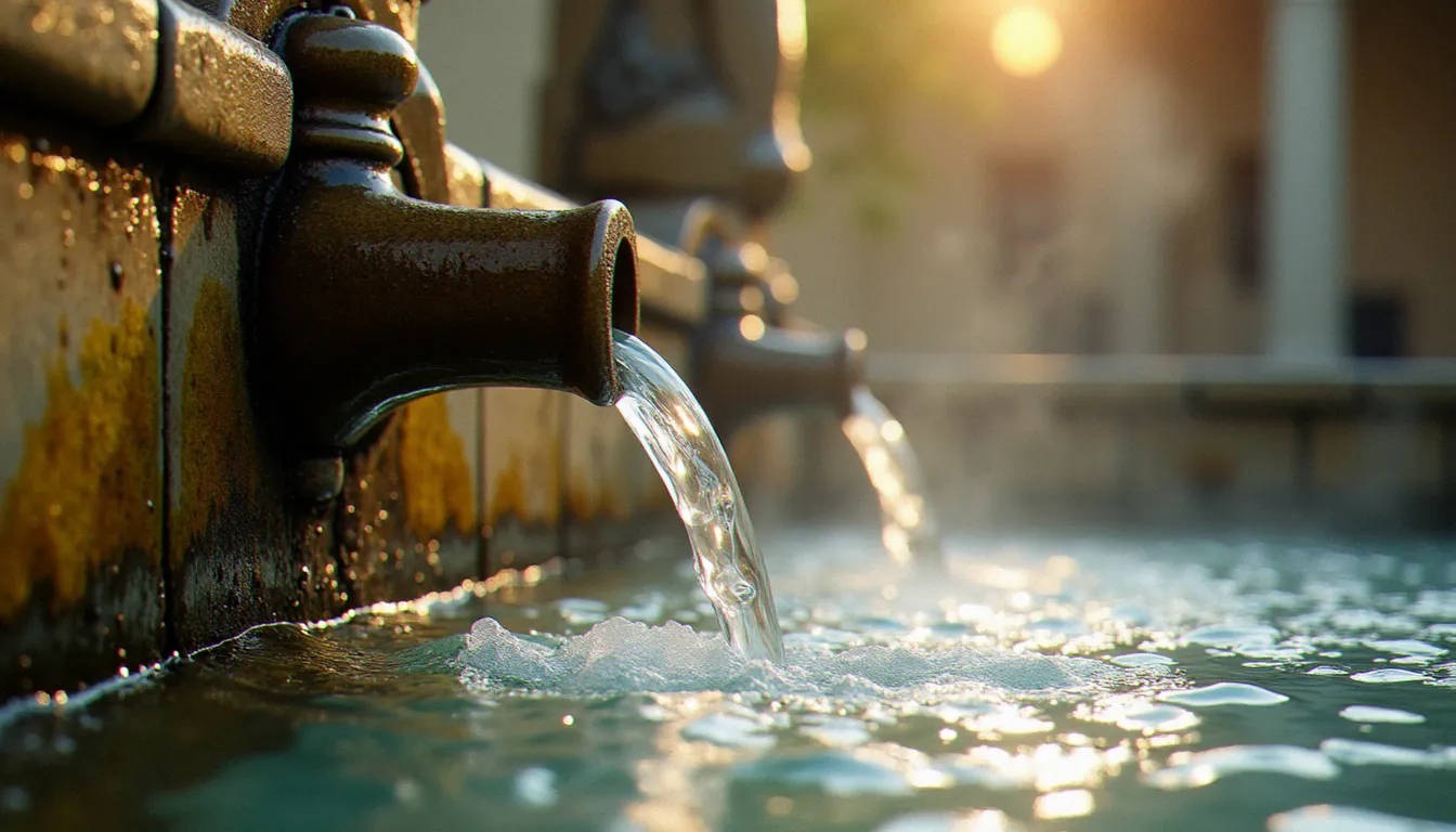 Source d'eau minérale naturelle chaude s'écoulant d'une fontaine en pierre ancienne dans un établissement thermal, illustrant les propriétés des eaux thermales de Vichy