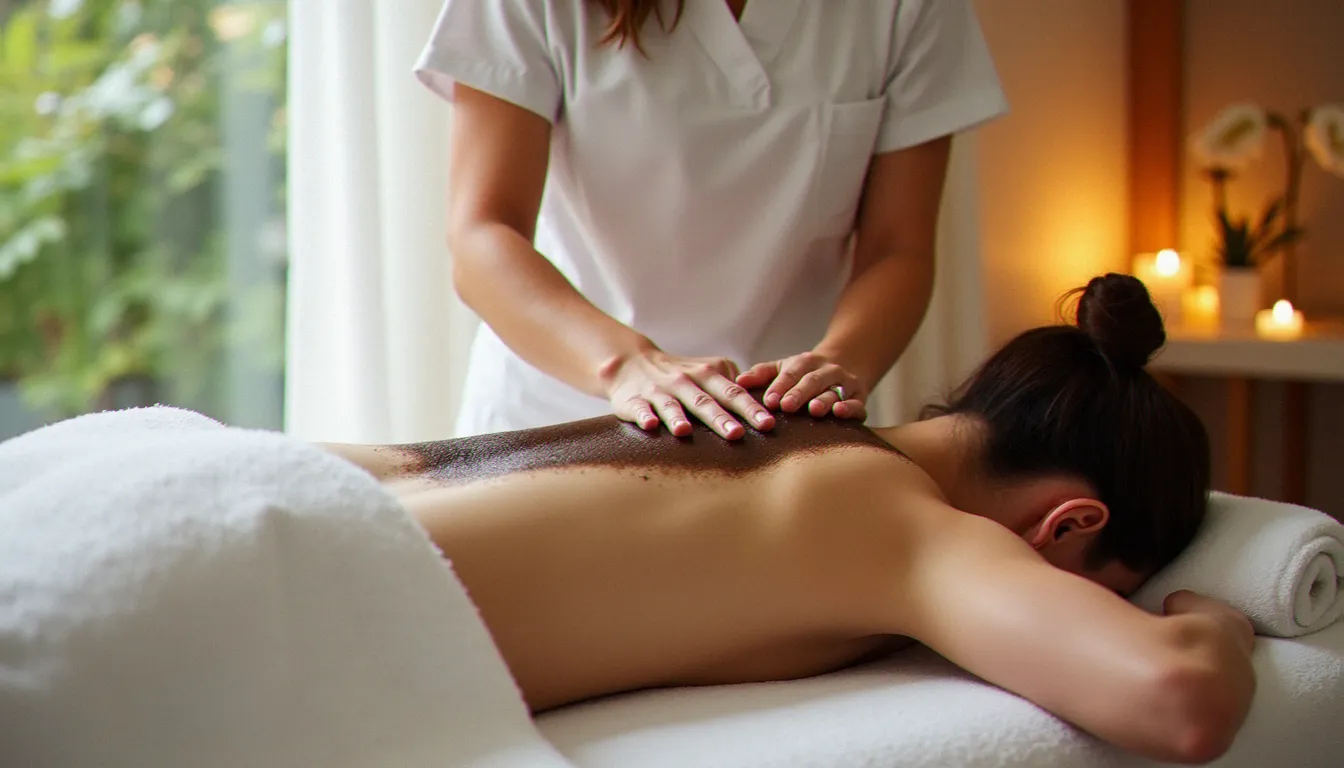 Thérapeute appliquant un cataplasme de boue thermale chaude sur le dos d'un patient lors d'un soin thermal, dans une salle de soins lumineuse et professionnelle