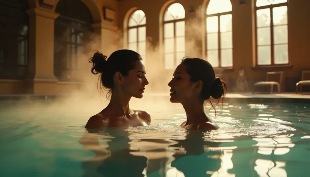 Femme se relaxant dans un bassin d'eau thermale chaude à l'intérieur d'un établissement thermal historique, illustrant le bien être thermique