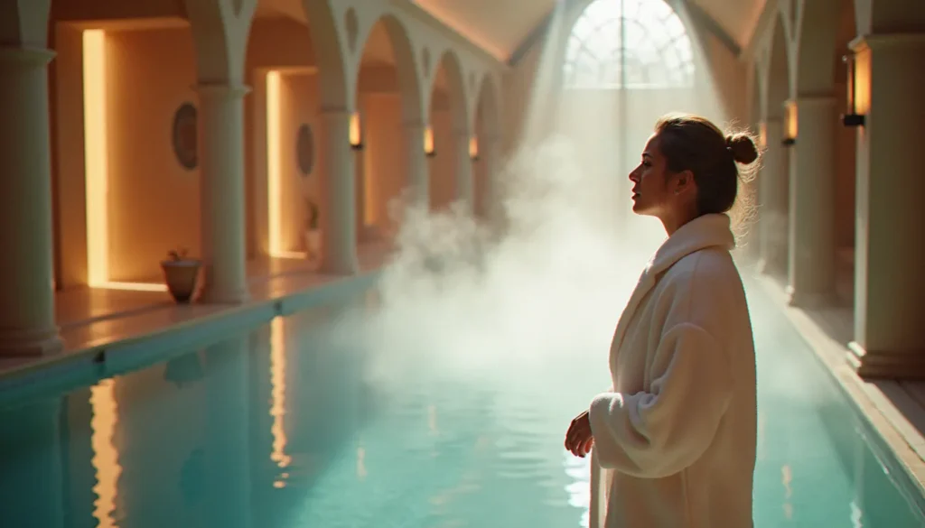 Femme en peignoir blanc au bord d'une piscine thermale à Vichy, vapeur d'eau minérale, architecture thermale élégante — cure thermale Vichy