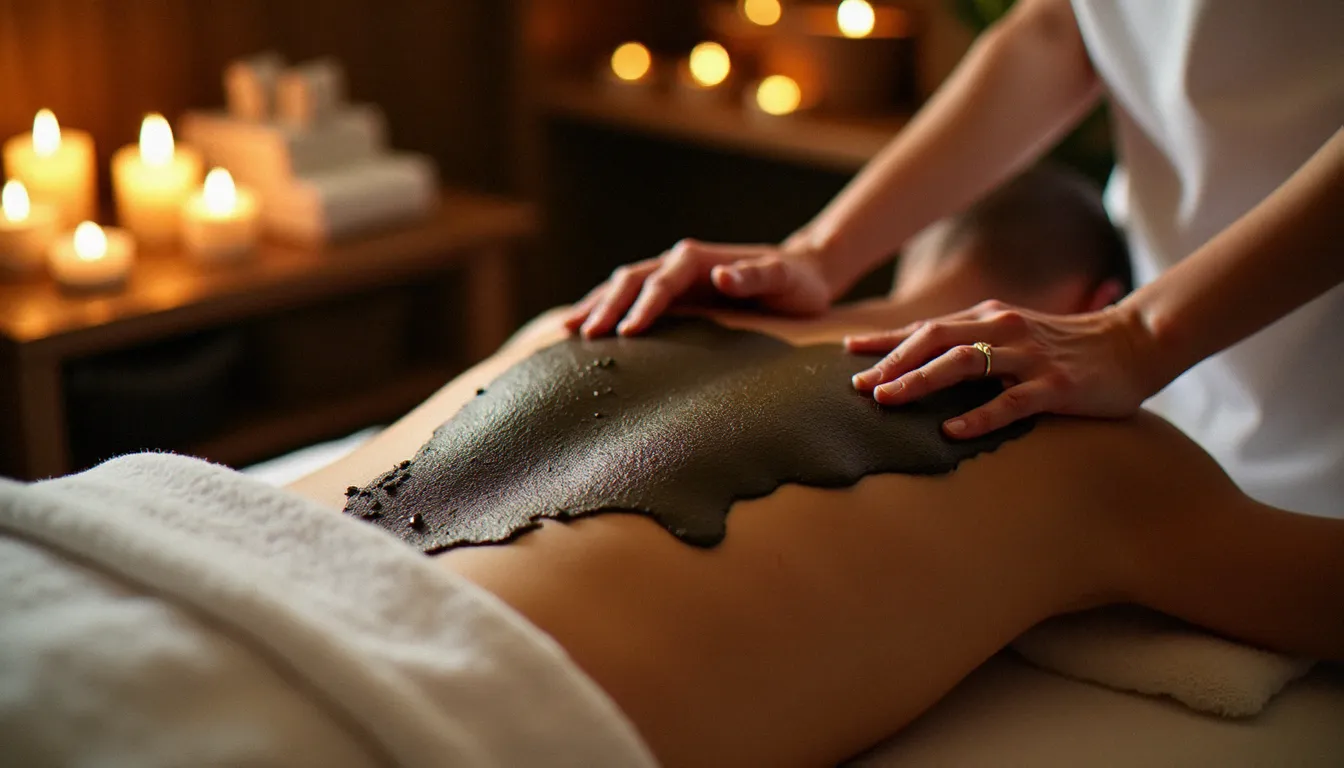 Soin d'enveloppement aux boues thermales appliqué sur le dos d'une femme dans une cabine de soins d'un espace thermal, argile chaude et lumière tamisée