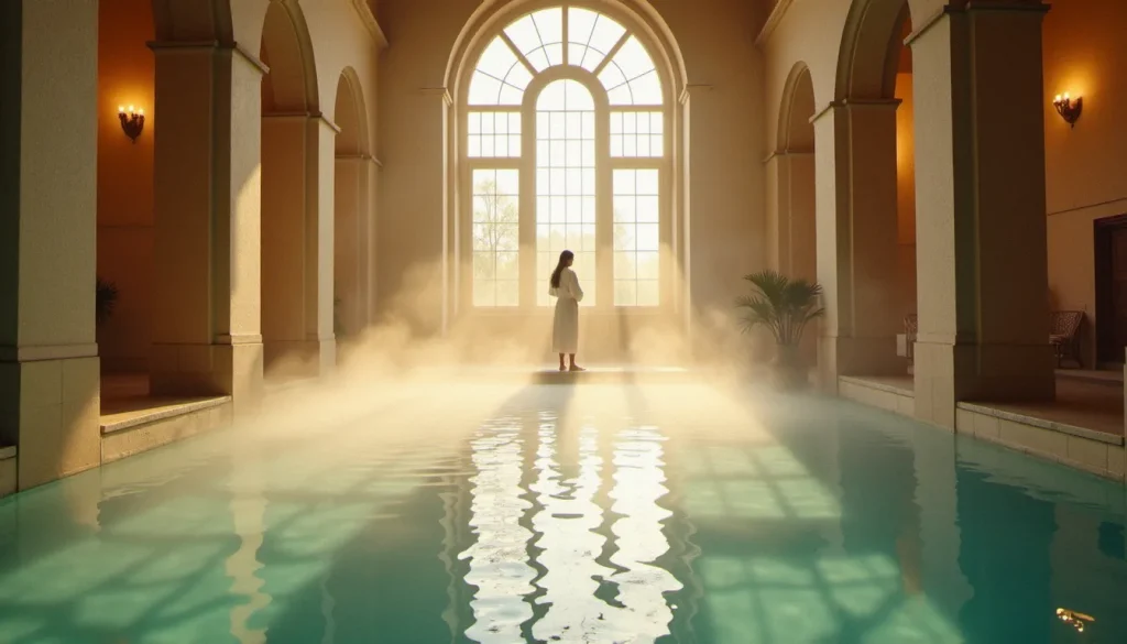 Espace bien-être thermal avec piscine d'eau minérale chauffée dans un bâtiment Belle Époque de la ville de Vichy, baigné d'une lumière dorée du matin
