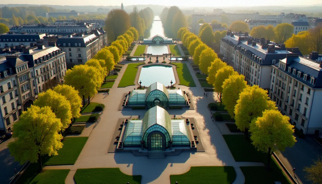 Vue aérienne du Parc des Sources de Vichy au printemps avec la grande verrière et les bâtiments Belle Époque thermaux