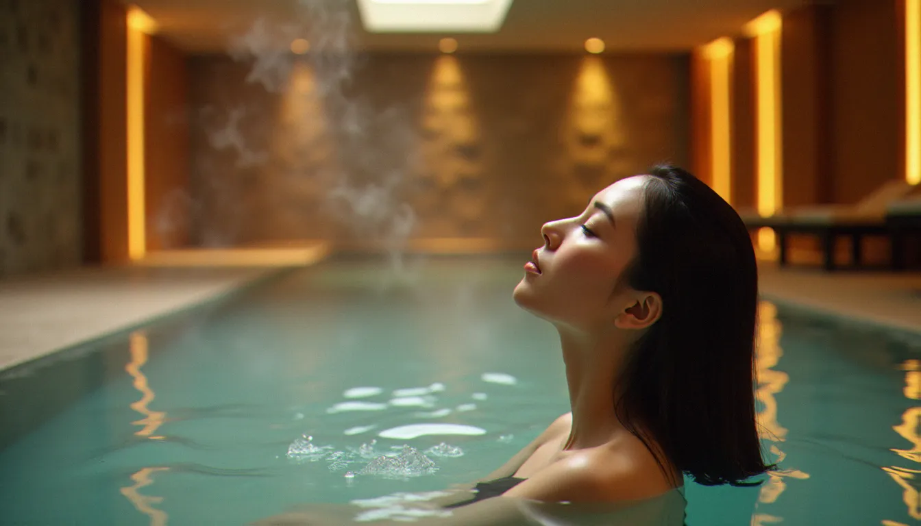 Femme se relaxant dans un bassin thermal intérieur d'un hôtel spa à Vichy, vapeur douce et éclairage ambiant chaleureux