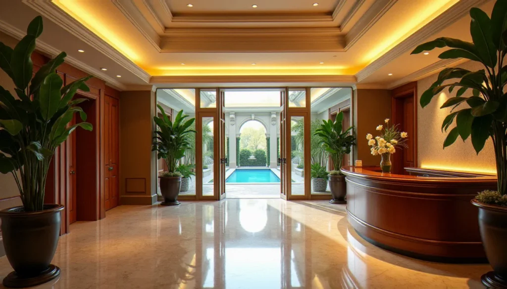 Hall d'entrée d'un hôtel spa Vichy au style Belle Époque avec piscine thermale visible en arrière-plan
