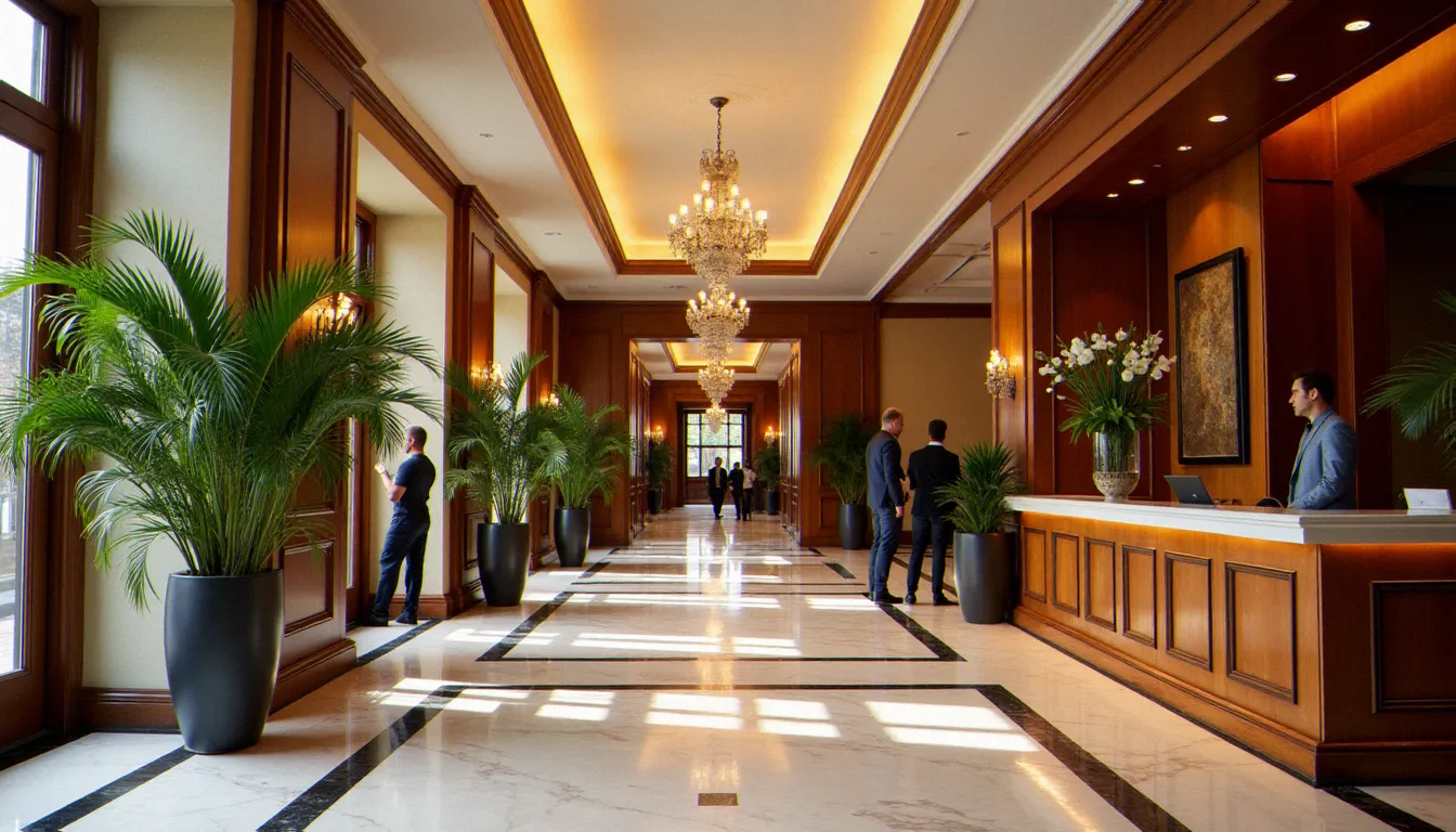 Hall de réception Art Déco d'un hôtel à Vichy avec sol en marbre et luminaires dorés