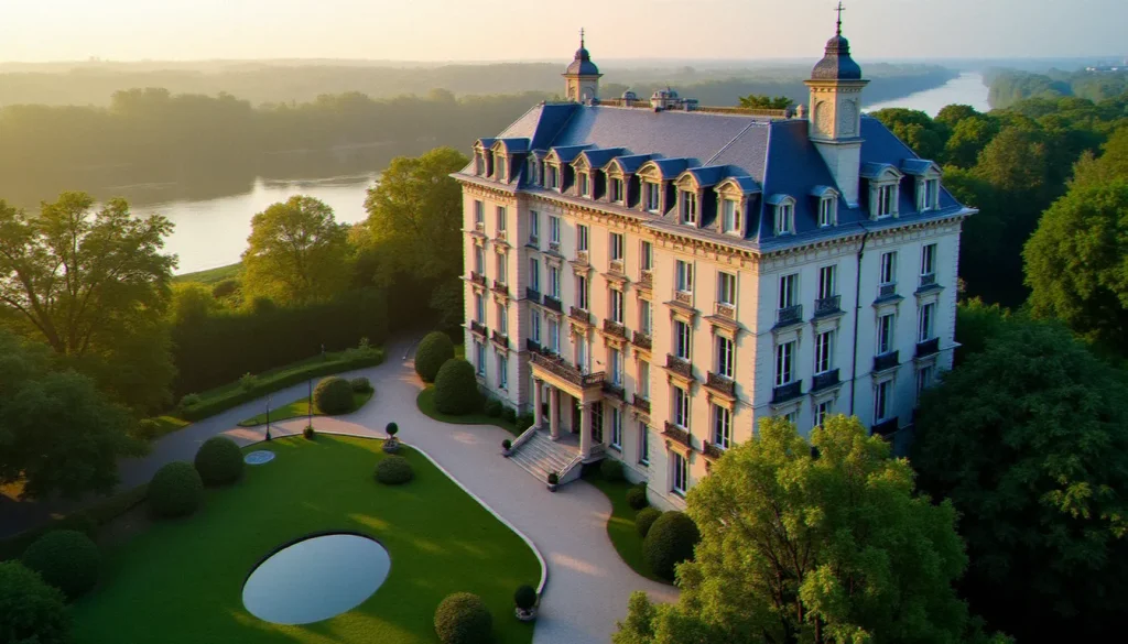 Façade d'un hôtel de style Belle Époque à Vichy avec vue sur le parc et les bords de l'Allier