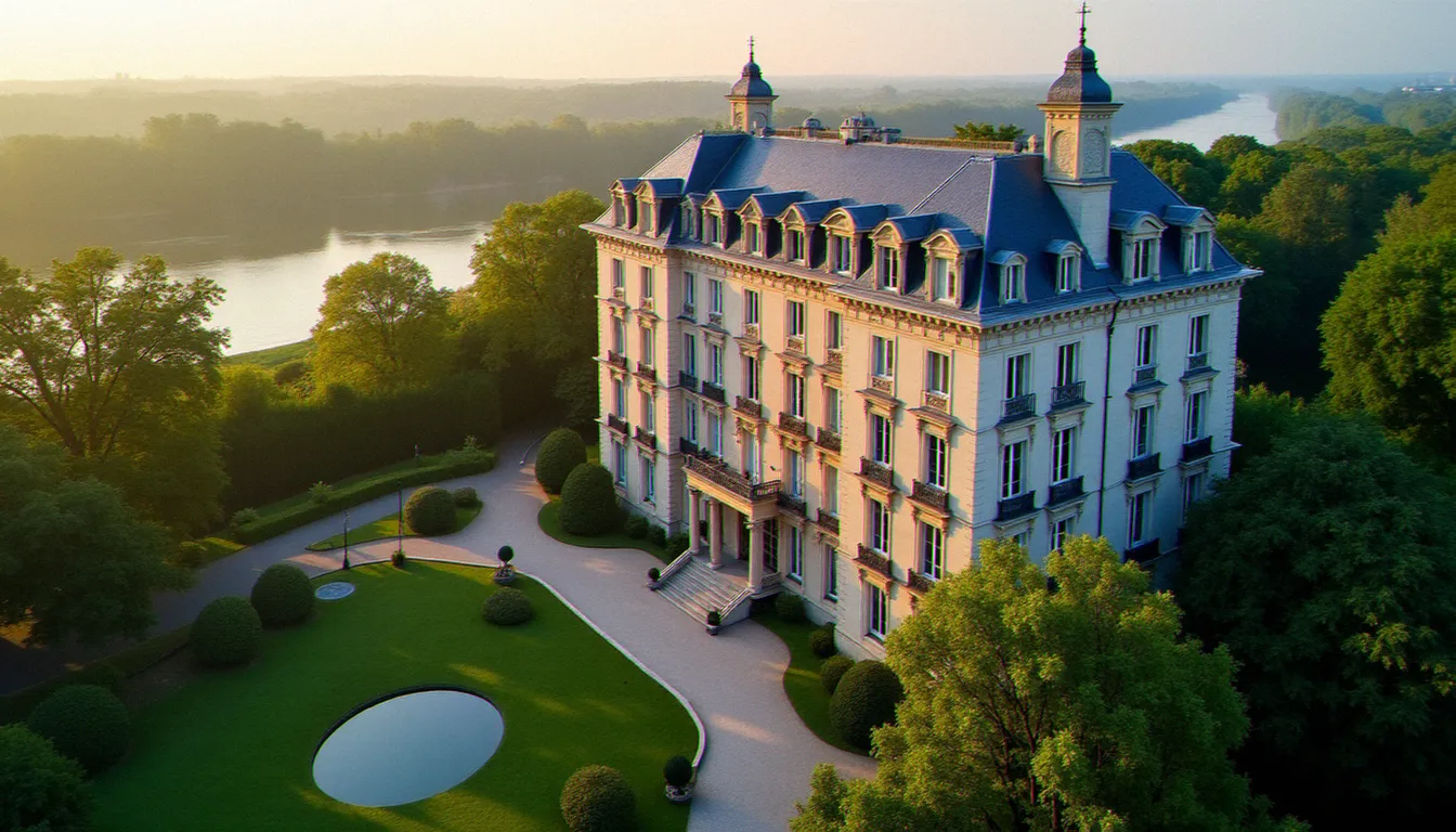 Façade d'un hôtel de style Belle Époque à Vichy avec vue sur le parc et les bords de l'Allier