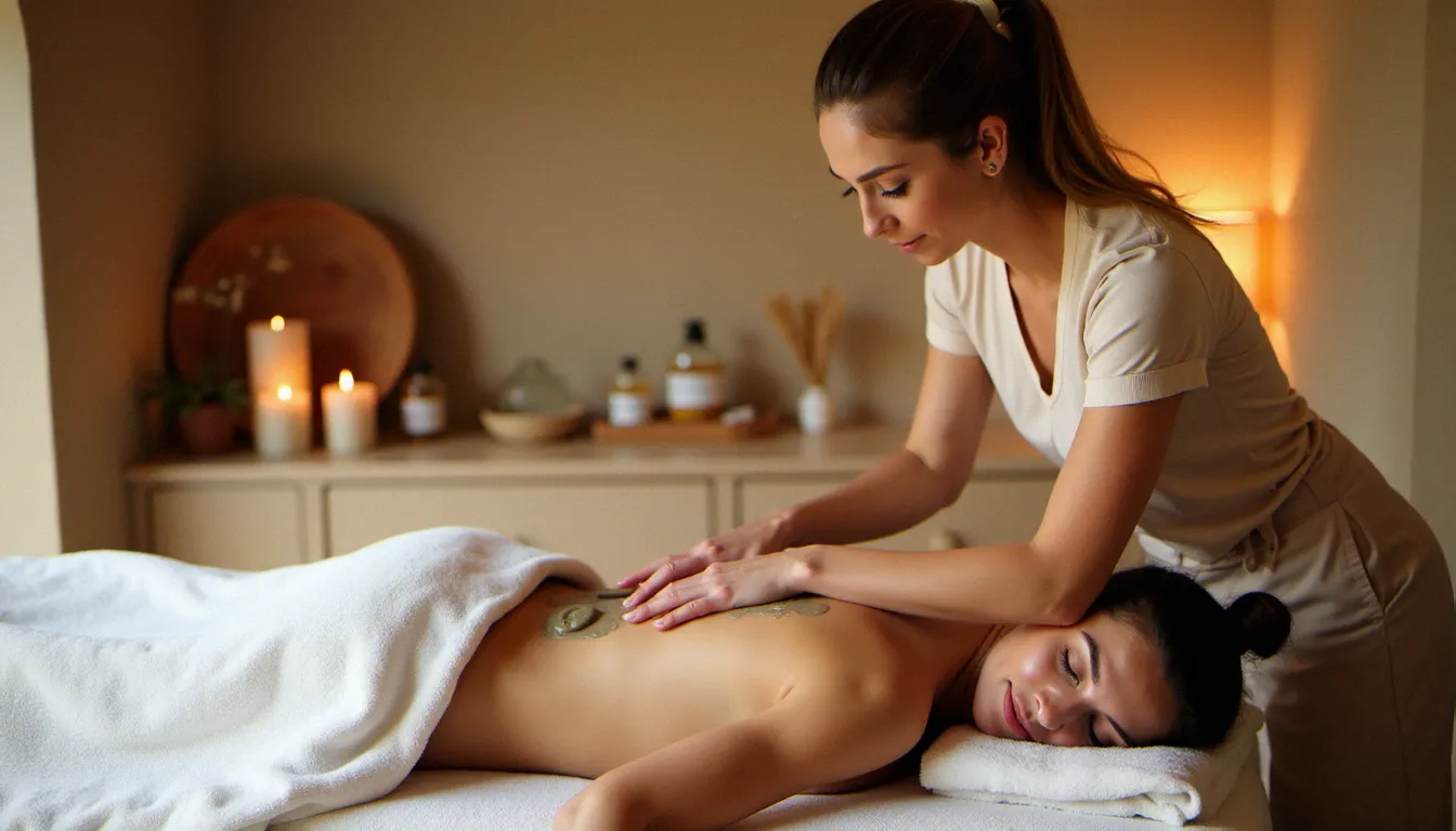 Soin d'enveloppement à la boue thermale dans une cabine de soins du spa Célestin à Vichy, traitement corporel traditionnel par une thérapeute professionnelle