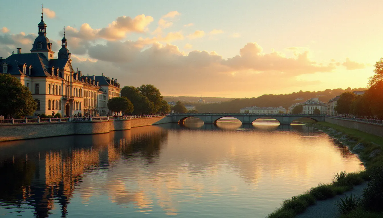 Vue panoramique de Vichy depuis les bords de l'Allier au coucher du soleil, avec l'architecture Belle Époque et les établissements thermaux en arrière-plan