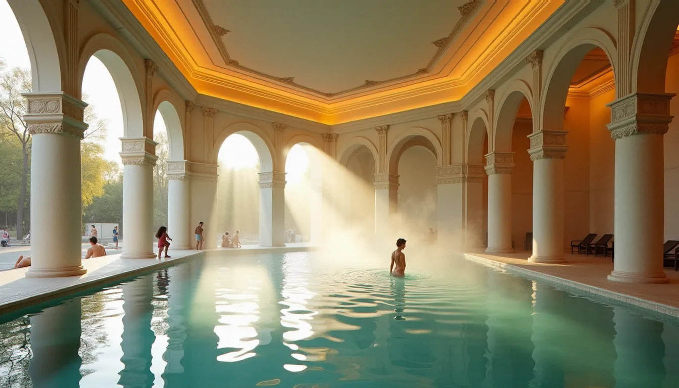 Bassin thermal intérieur du spa Célestin à Vichy, avec colonnes en pierre et eau thermale vaporeuse, illustrant un hôtel Vichy spa Célestin haut de gamme