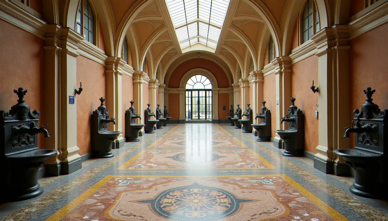 Galerie intérieure des thermes de Vichy avec robinets de source en fonte ornée, mosaïques au sol et verrière zénithale caractéristiques de l'architecture thermale du XIXe siècle
