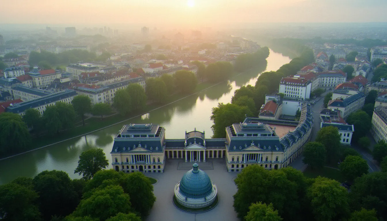 Vue aérienne du centre thermal de Vichy montrant la cohérence du tissu urbain entre le Parc des Sources, les établissements thermaux et l'architecture Belle Époque, patrimoine inscrit à l'UNESCO en 2021