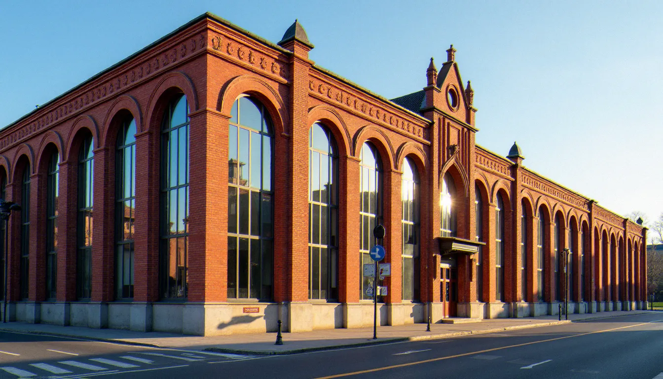 Façade extérieure en brique rouge de la Piscine de Roubaix, exemple emblématique de piscine Art déco classée monument historique