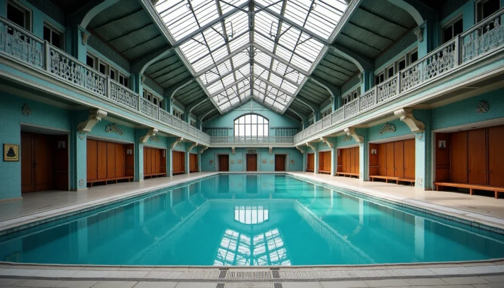 Vue intérieure d'une piscine monument historique en France, avec architecture Art déco, carrelages anciens et verrière en métal forgé