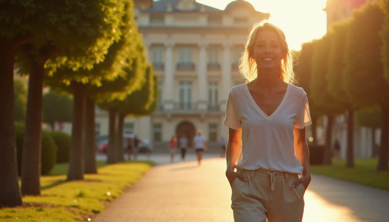 Femme se promenant au calme près des thermes de Vichy en matinée, représentant l'expérience quotidienne d'un séjour en location thermale