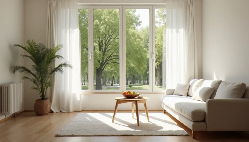 Intérieur d'une résidence bien-être avec vue sur parc thermal à Vichy, illustrant les locations thermales disponibles pour les curistes