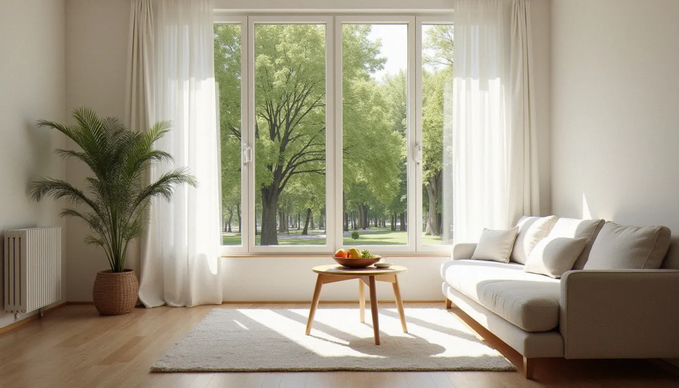 Intérieur d'une résidence bien-être avec vue sur parc thermal à Vichy, illustrant les locations thermales disponibles pour les curistes