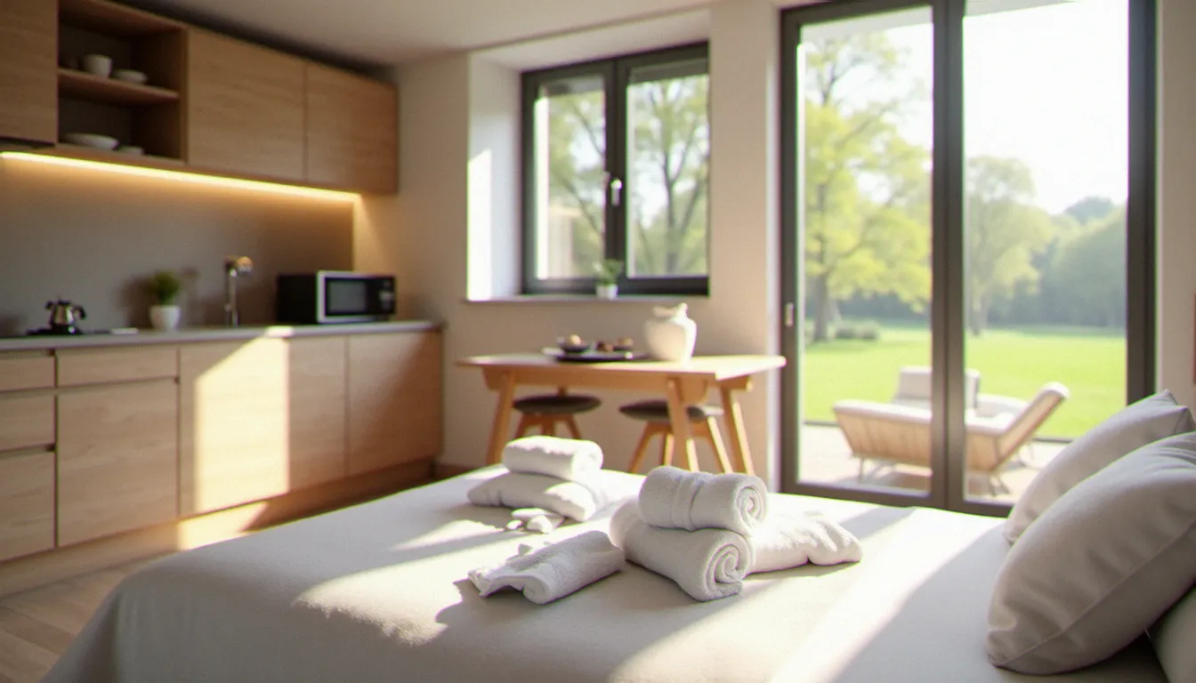 Appartement meublé lumineux en résidence thermale à Vichy, équipé pour accueillir les curistes avec cuisine aménagée et vue sur parc