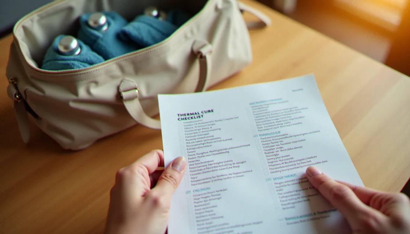 Checklist de préparation au séjour thermal posée près d'une valise prête pour une cure, illustrant les étapes avant de réserver une résidence bien-être