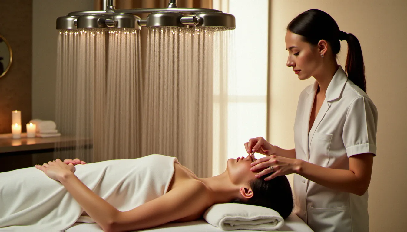 Massage sous affusion Vichy avec jets d'eau tombant sur le corps d'une cliente allongée sur une table de soin spécialisée