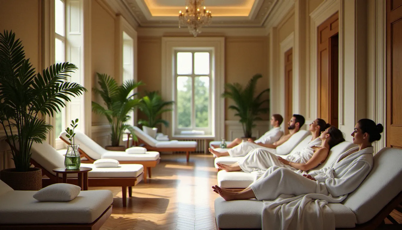 Espace de repos d'un spa thermal à Vichy avec clients en robes blanches allongés dans un salon aux hauts plafonds Belle Époque