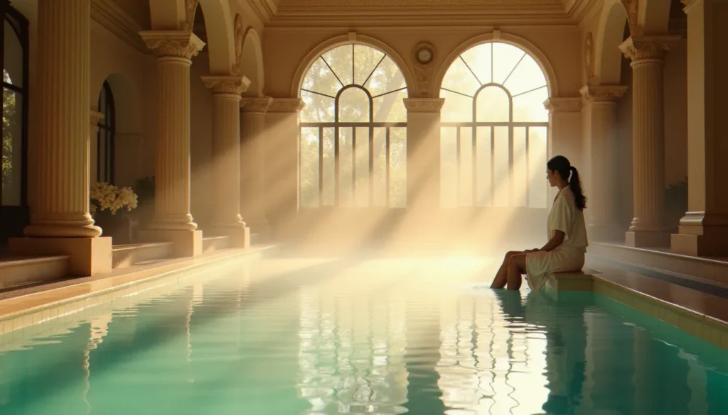Piscine thermale intérieure d'un spa Vichy avec vapeur d'eau minérale, architecture Belle Époque et lumière dorée apaisante