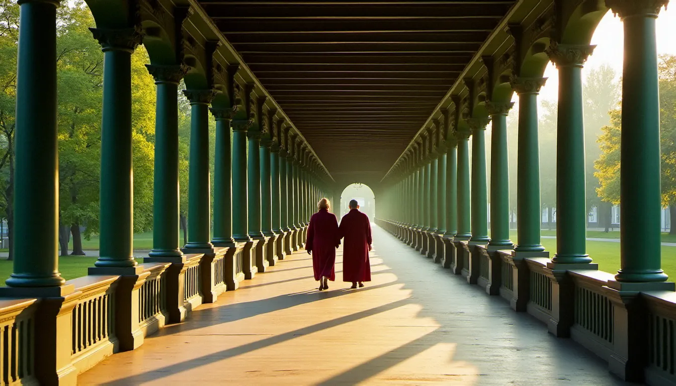Galerie couverte du parc des Sources à Vichy au lever du soleil, avec des curistes se promenant sous les arcades en fonte historiques