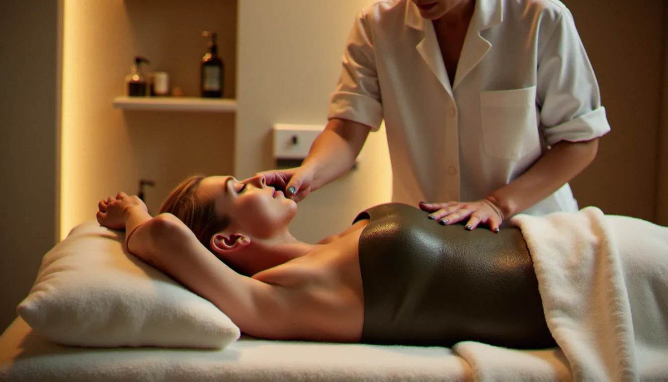 Soin d'enveloppement à la boue thermale dans une cabine de soins des thermes de Vichy, thérapeute appliquant un péloïde sur une patiente allongée
