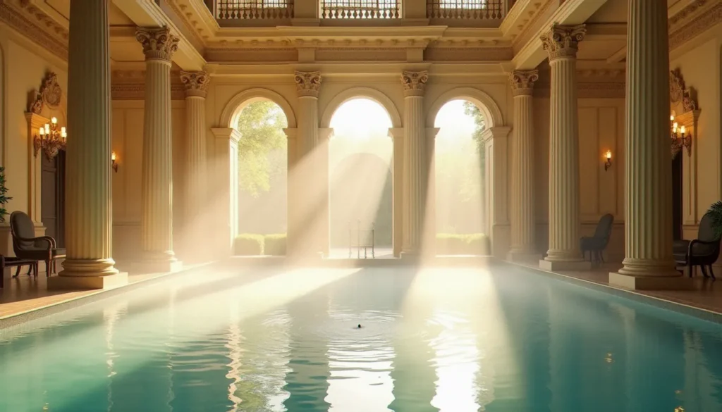 Intérieur monumental des thermes de Vichy avec piscine d'eau thermale et architecture Belle Époque, vapeur s'élevant de la surface de l'eau