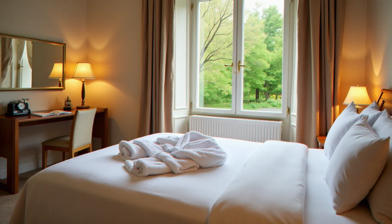 Chambre d'hôtel confortable dans un établissement thermal de Vichy, avec vue sur le parc et peignoir posé sur le lit, ambiance reposante et lumineuse