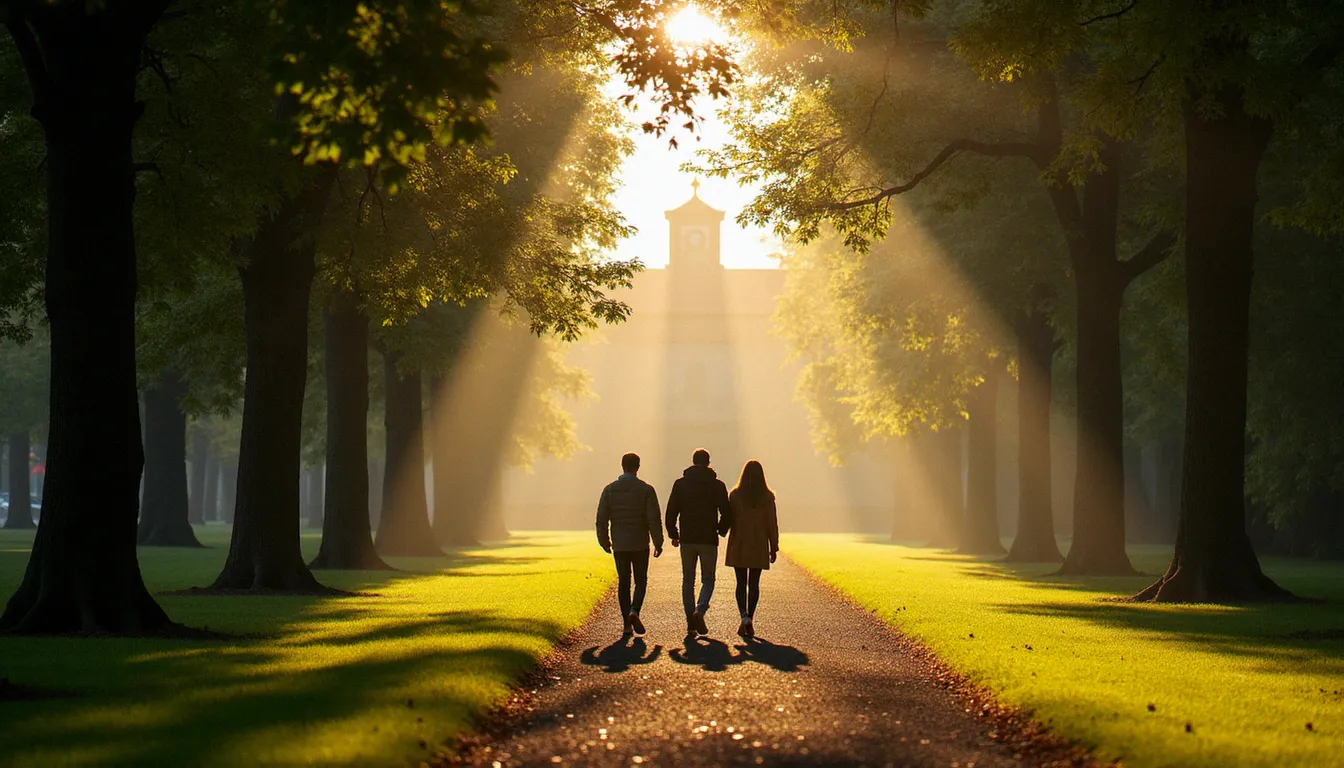 Promeneurs matinaux dans le Parc des Sources de Vichy avec les halles thermales en arrière-plan, lumière douce du matin filtrant à travers les grands arbres