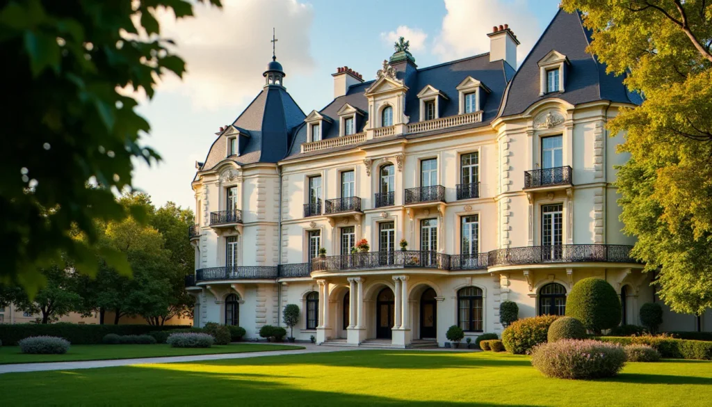 Façade hôtelière de style Belle Époque à Vichy avec balcons en fer forgé et parc verdoyant au premier plan, illustrant un vichy hotel typique du centre thermal