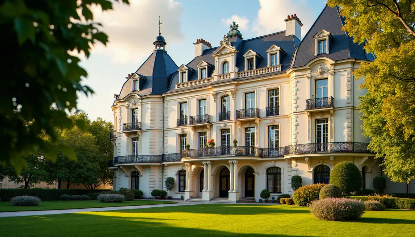 Façade hôtelière de style Belle Époque à Vichy avec balcons en fer forgé et parc verdoyant au premier plan, illustrant un vichy hotel typique du centre thermal
