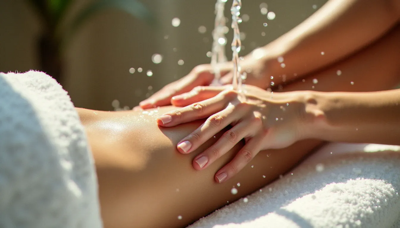 Massage sous jets d'eau chaude lors d'un soin vichy spa, illustrant la technique de douche Vichy avec manœuvres manuelles combinées