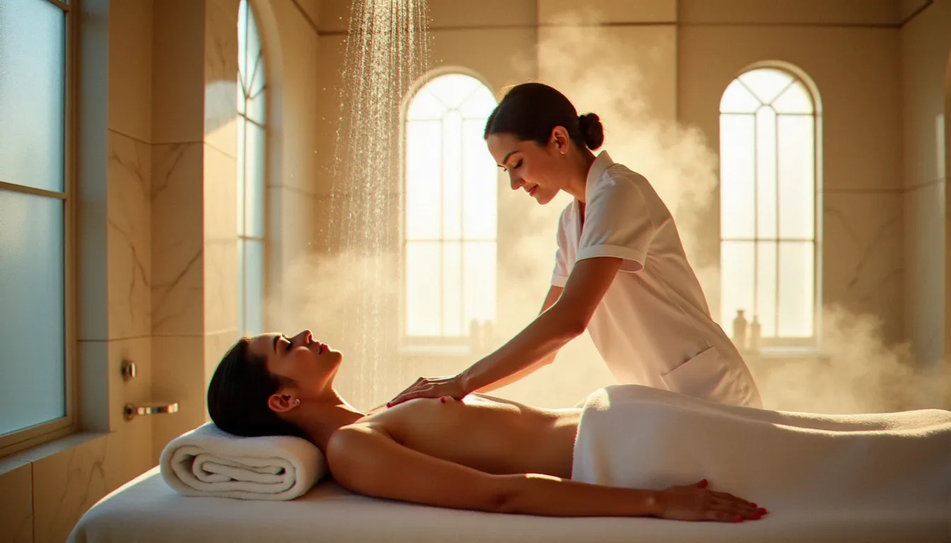 Soin vichy spa avec douche Vichy sur table de massage dans un établissement thermal élégant, illustrant l'expérience authentique des thermes de Vichy