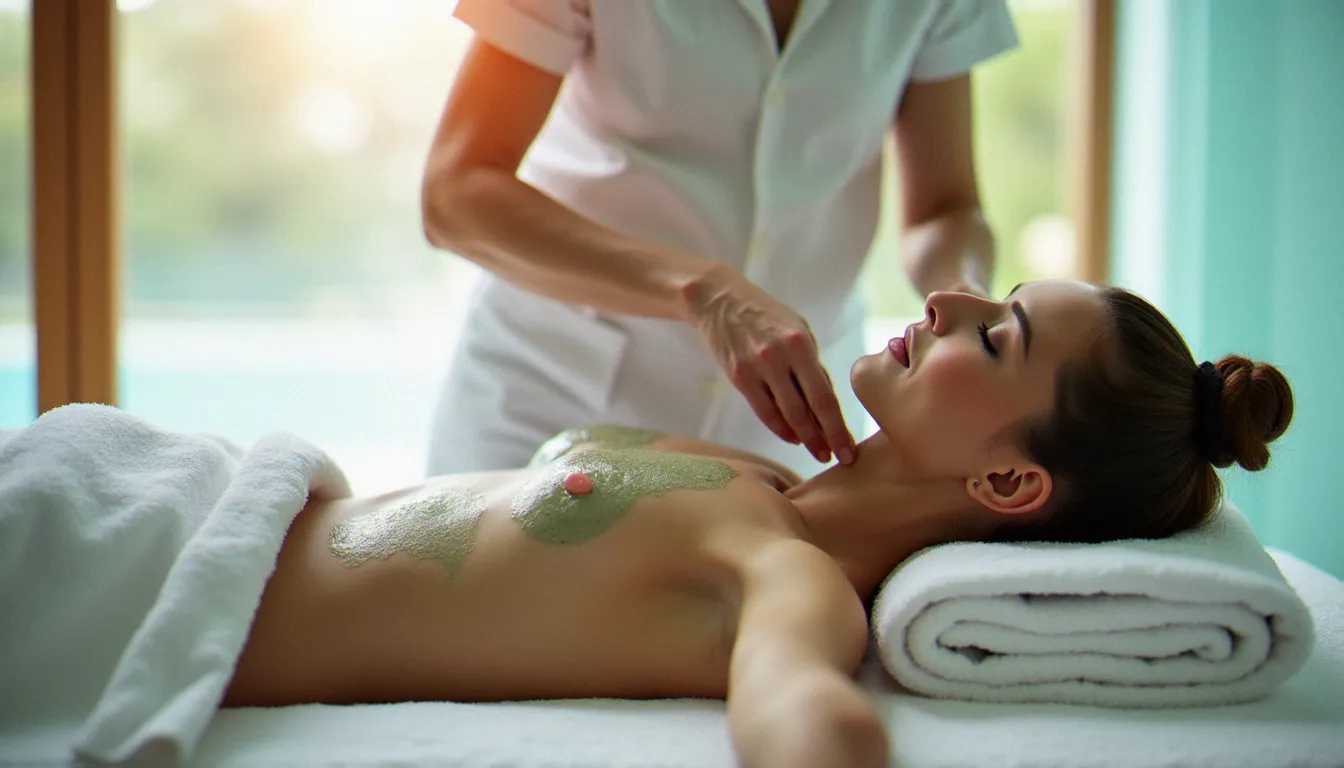 Soin thermal à Vichy avec application de boue minérale par un thérapeute dans une salle de soins lumineuse