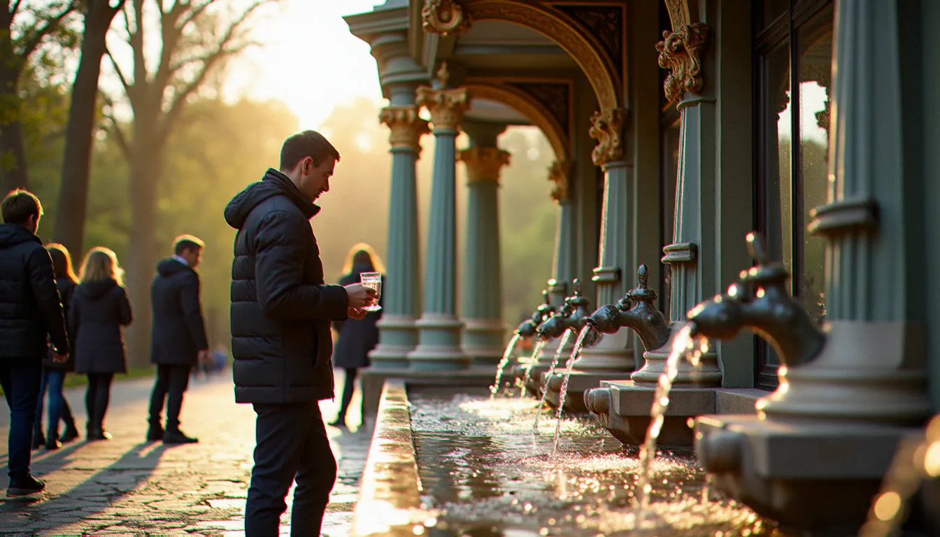 Buvette thermale historique du parc des Sources à Vichy avec fontaines d'eau minérale et architecture Belle Époque