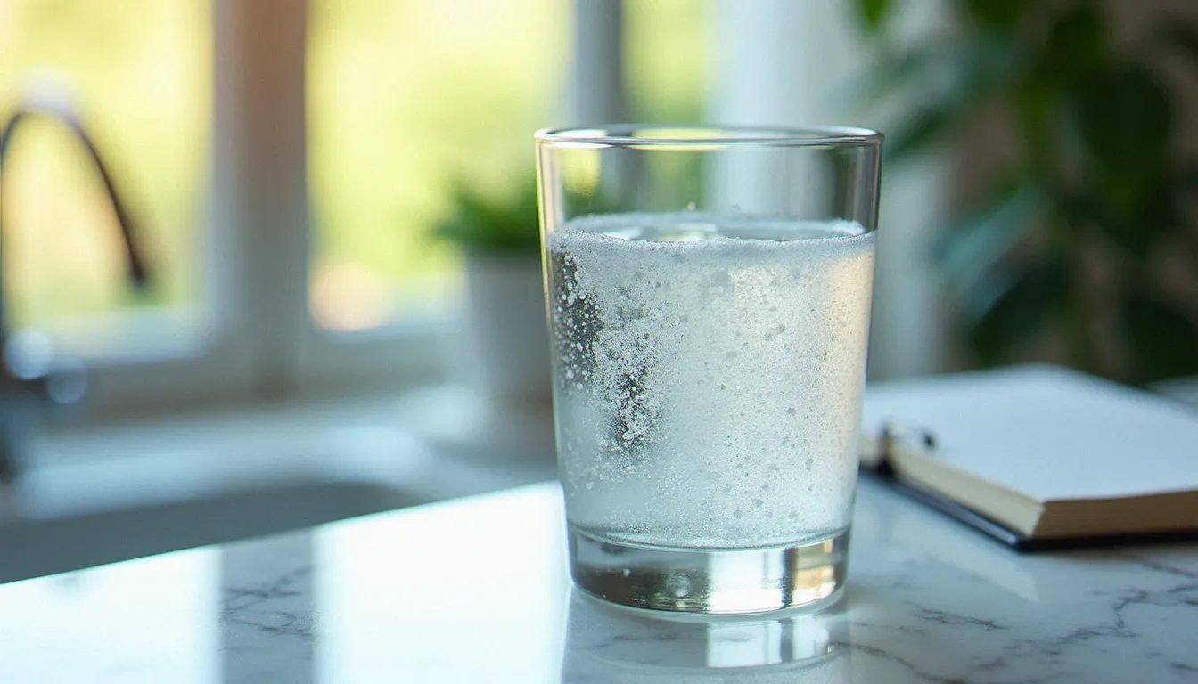 Verre d'eau minérale gazeuse Célestin Vichy posé sur un comptoir en marbre dans un établissement thermal, avec ordonnance médicale en arrière-plan flou