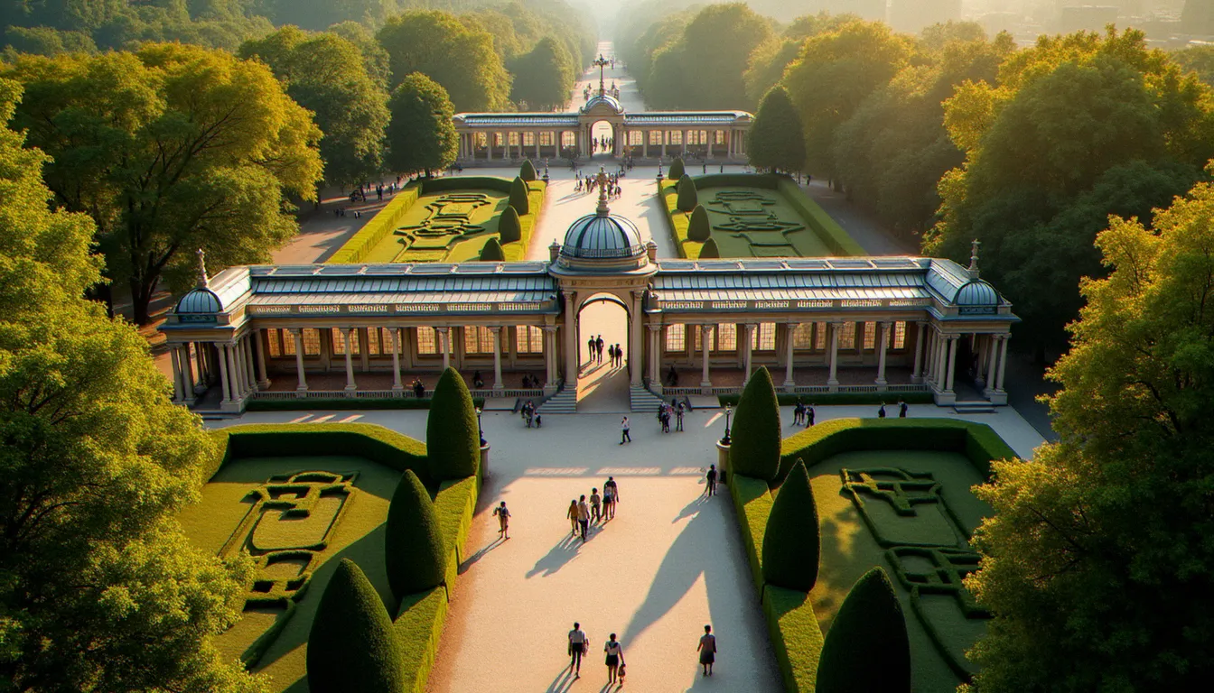 Vue aérienne du parc des Sources de Vichy et de ses galeries couvertes Belle Époque, illustrant le patrimoine thermal classé à l'UNESCO qui abrite les sources dont le Célestin