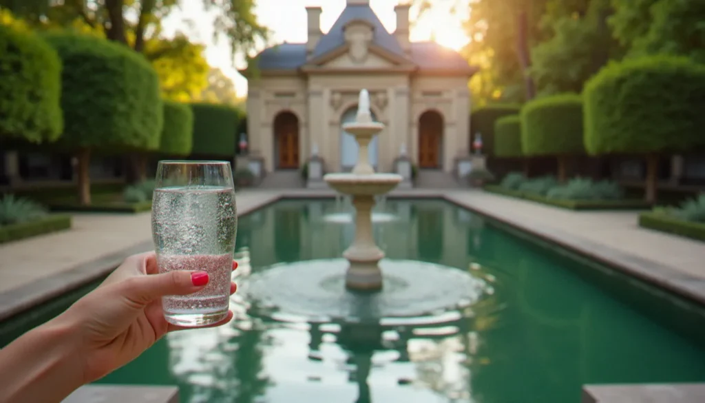 La source Célestin Vichy dans le parc des Sources, fontaine historique en pierre avec l'architecture thermale Belle Époque en arrière-plan