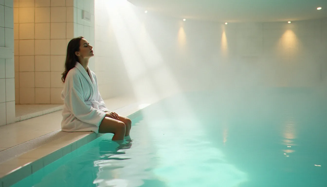 Bassin thermal intérieur du spa de l'hôtel Célestins avec eau minérale et ambiance zen