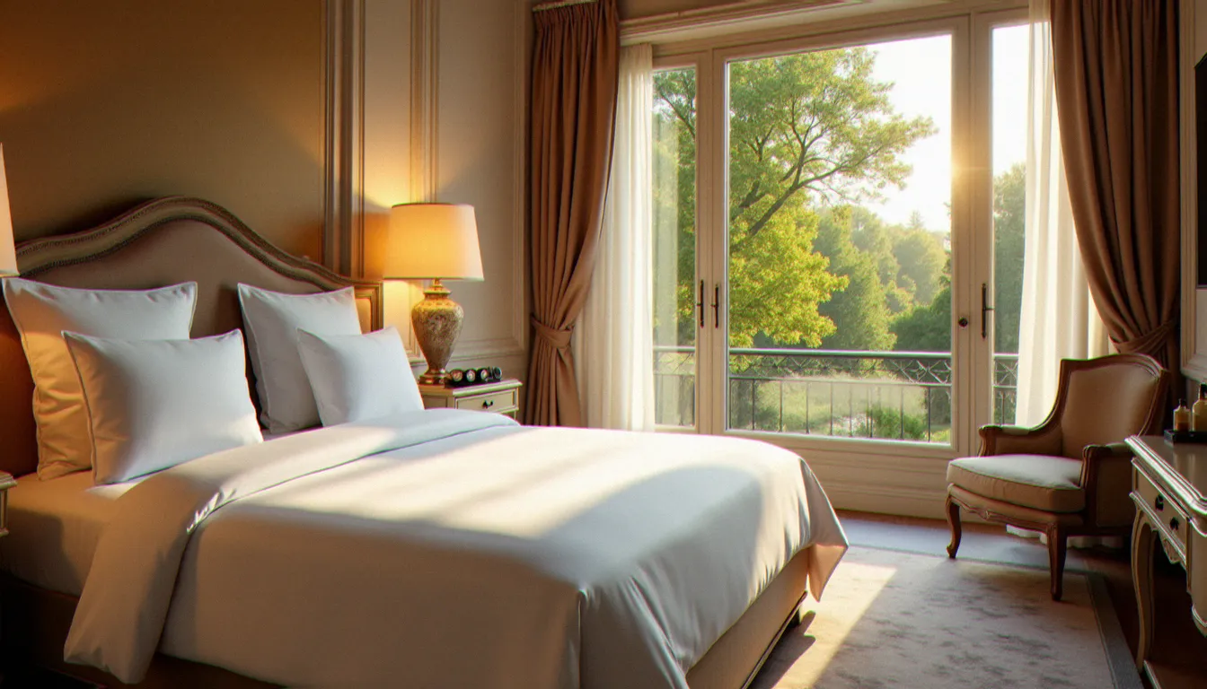 Chambre élégante du Célestins Spa Hôtel à Vichy avec vue sur les parcs de la cité thermale