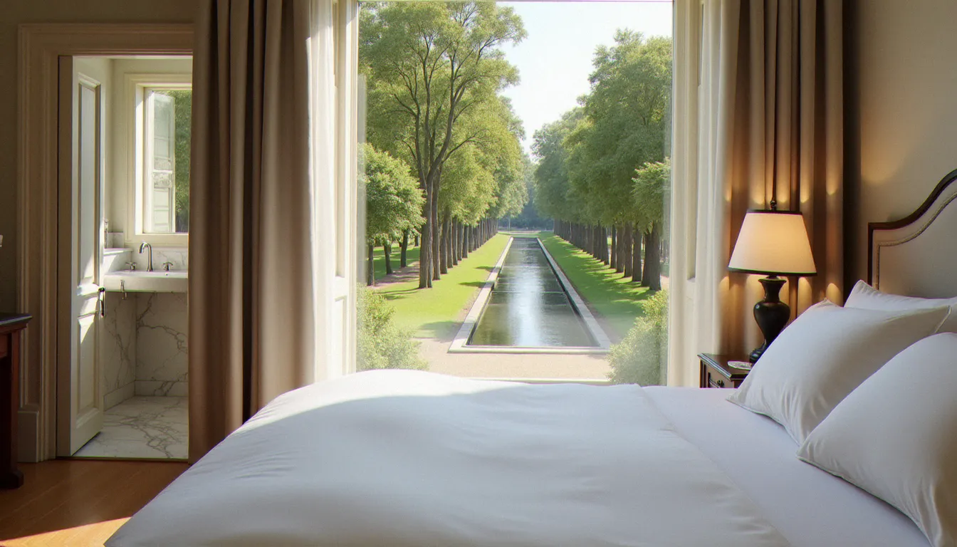 Suite élégante d'un hôtel thermal cinq étoiles à Vichy avec vue sur le parc historique, reflétant le cadre des Célestins Vichy Hôtel
