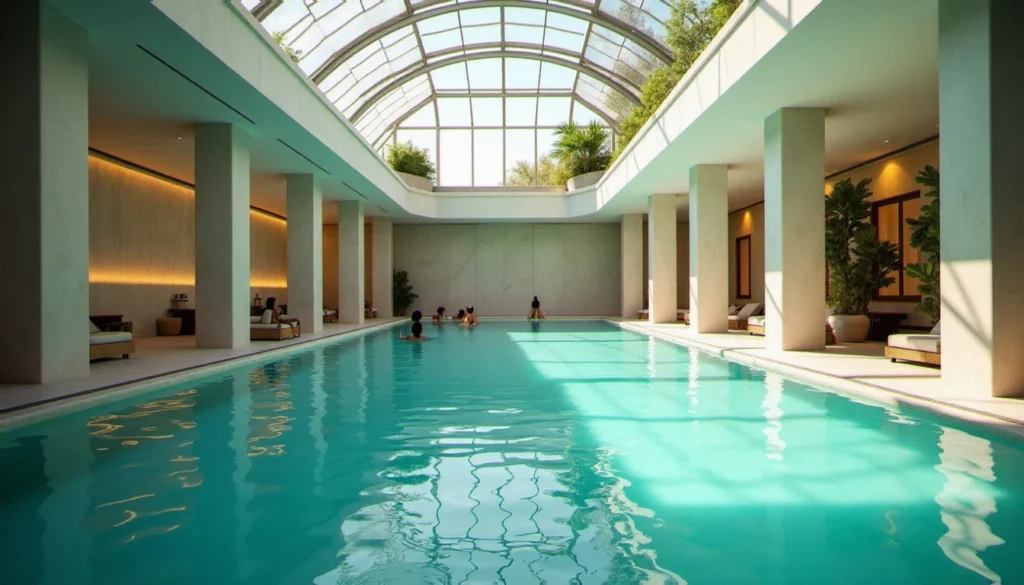 La grande piscine thermale intérieure des Célestins Vichy Hôtel avec son eau minérale naturelle et son architecture lumineuse