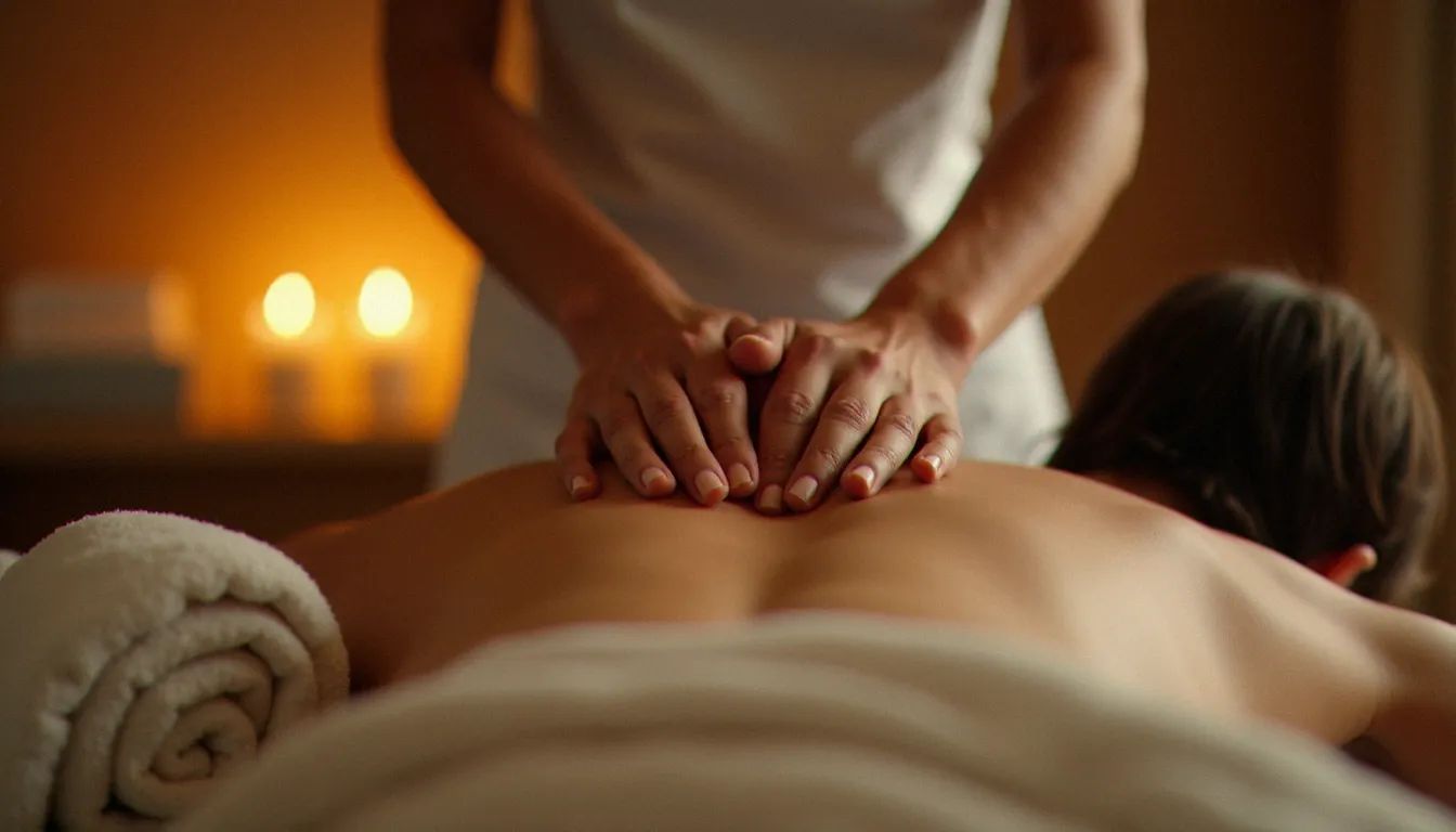 Soin massage professionnel dans une cabine de spa thermal à Vichy, mains de praticienne sur le dos d'une cliente