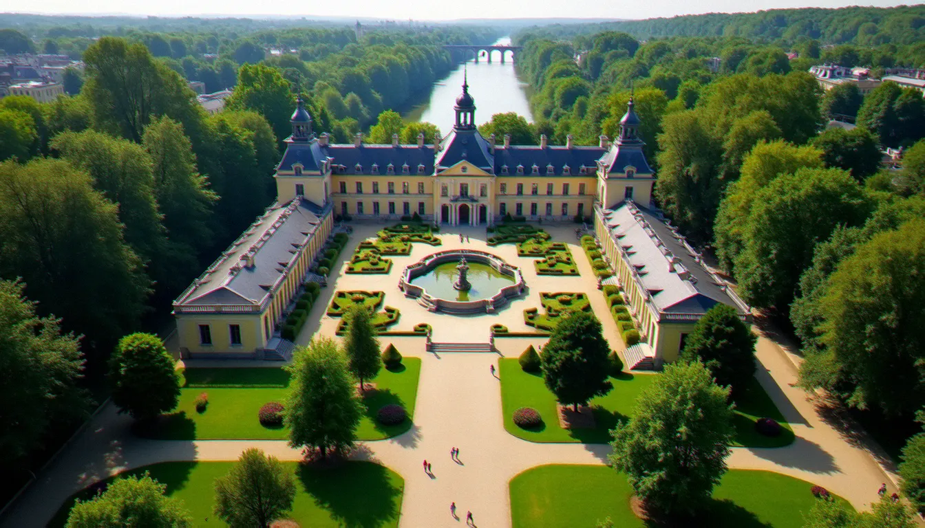 Vue aérienne du parc des Sources de Vichy en été avec l'établissement thermal et la rivière Allier en arrière-plan