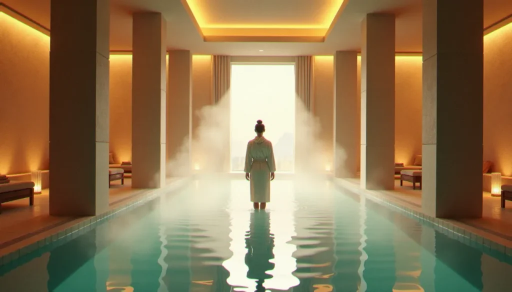 Intérieur luxueux du spa Les Célestins de Vichy avec bassin d'eau thermale minérale et colonnes en pierre